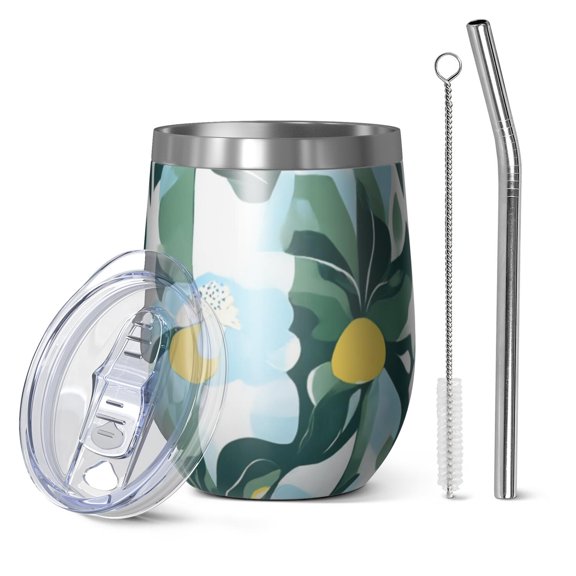 12oz Stemless Wine Tumblers Floral Pattern Vacuum Insulated Stainless Steel Travel Tumbler Cups Mug with Lid and Straw for Champaign,Cocktail,Beer with Cleaning Brush