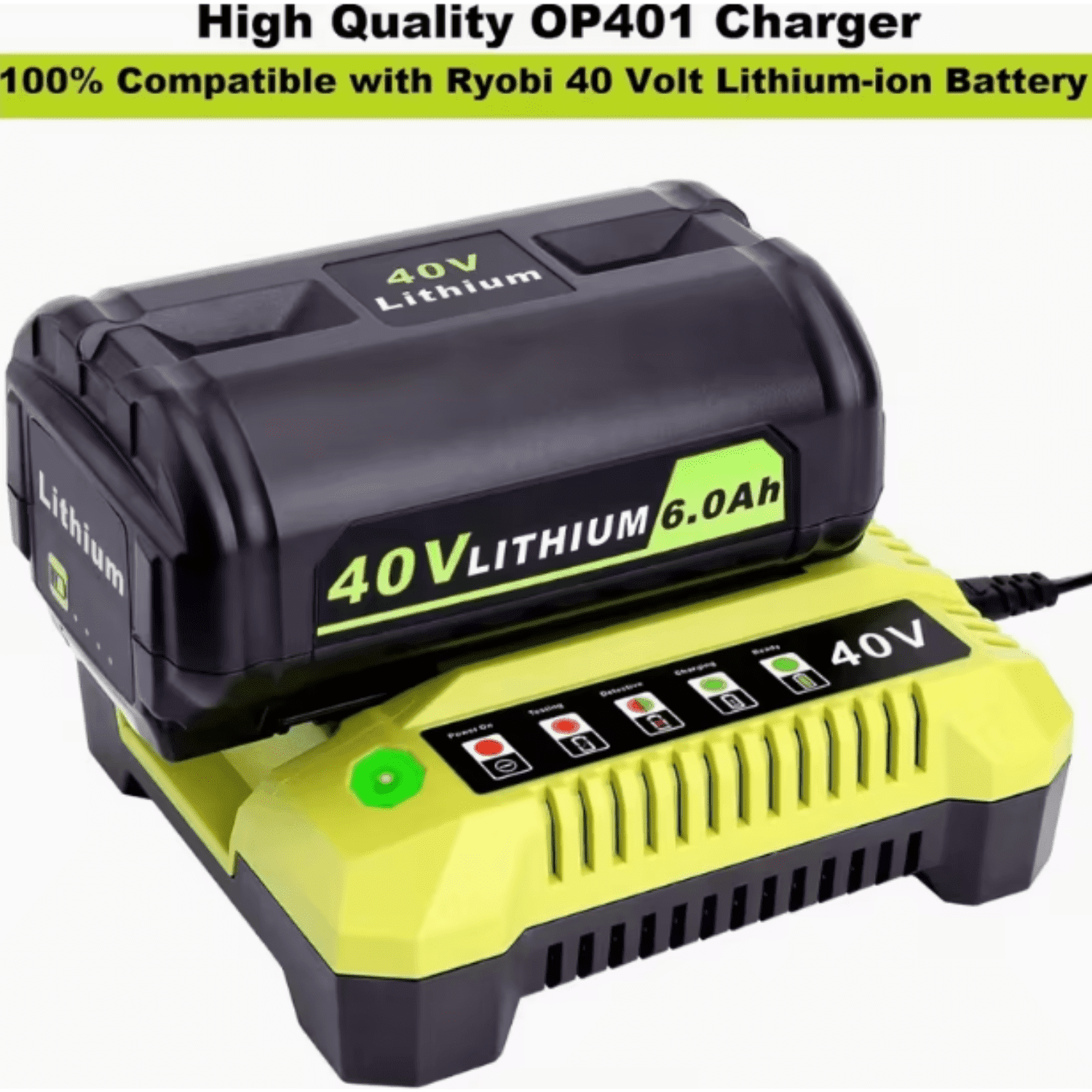 Upgraded 6.0Ah  for Ryobi 40V Battery + Charger Combo Compatible with 40V OP4026 OP4050A OP4040 and 40 Volt Charger OP401