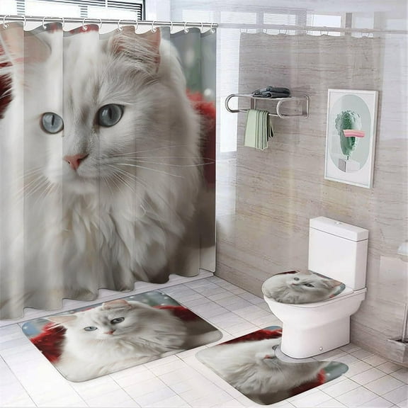 Bathroom Set,Cute White Cat Print Bathroom Rug Set,Bath Rug Set 4 Piece,Modern Shower Curtain Set with Shower Curtainand 12 Hooks, Style