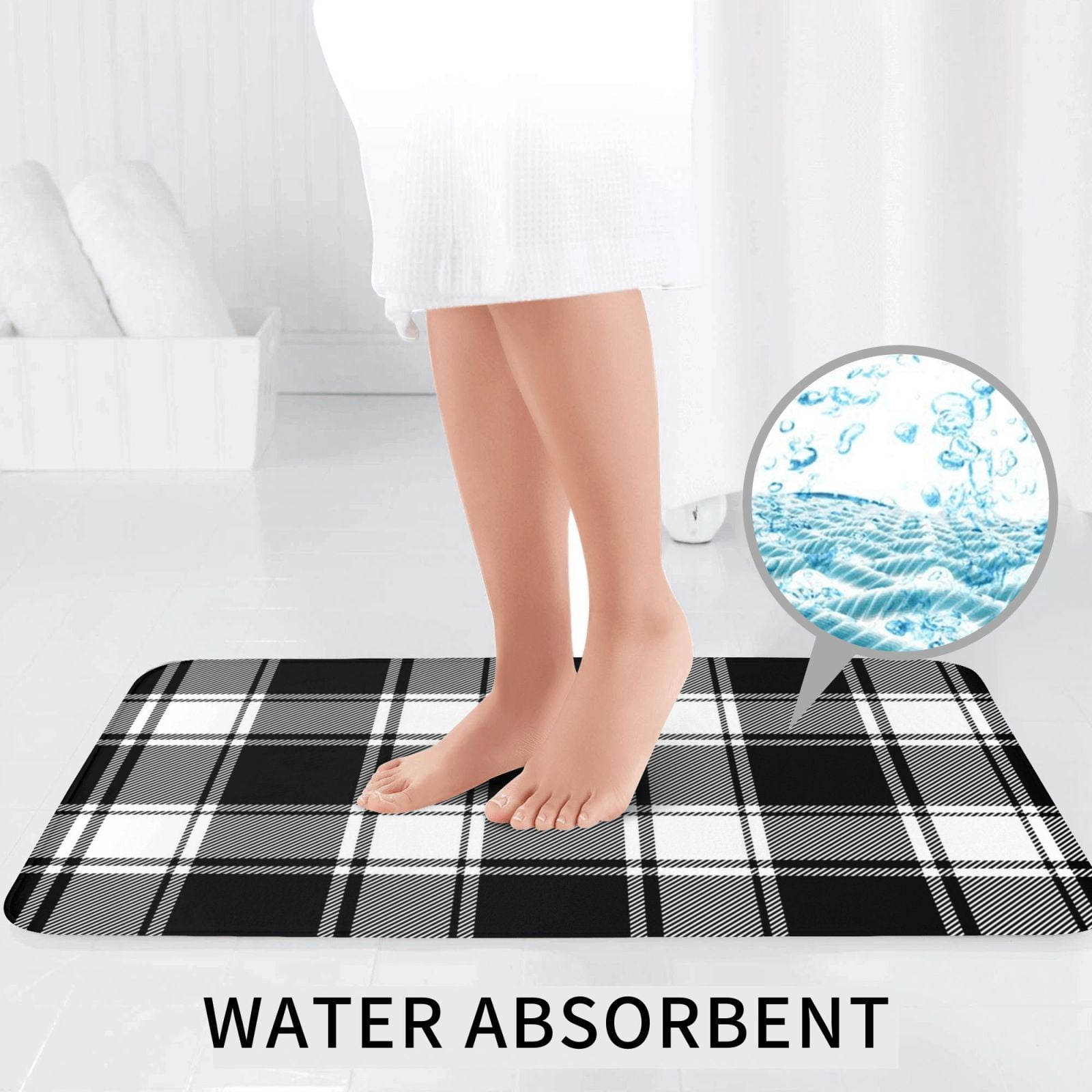 Bathroom Rugs Sets 3 Piece - Buffalo check plaid white black Absorbent Non Slip Bath Mats, U-Shape Toilet Lid Cover, Contour Mat, Soft Washable Shower Mats Bath Rug Mat for Bathroom Tub Toilet