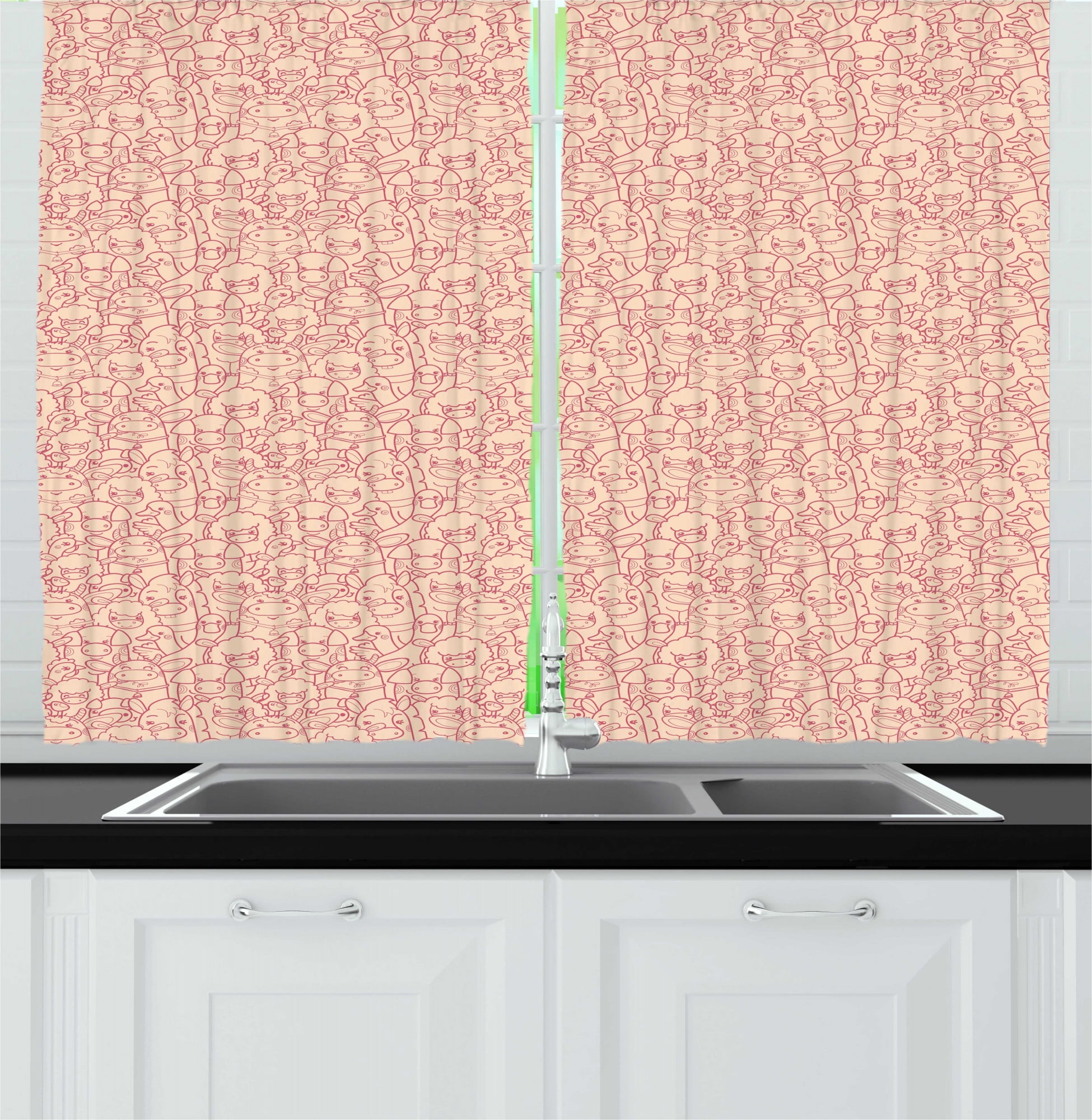 Animal Print Kitchen Curtains, Doodle Illustrations of Piggies Sheep Chicks Ducks Farm Fauna