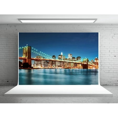 MOHome Polyster 7x5ft Bright Light City Night Background Building River Bridge Photography Backdrops for
