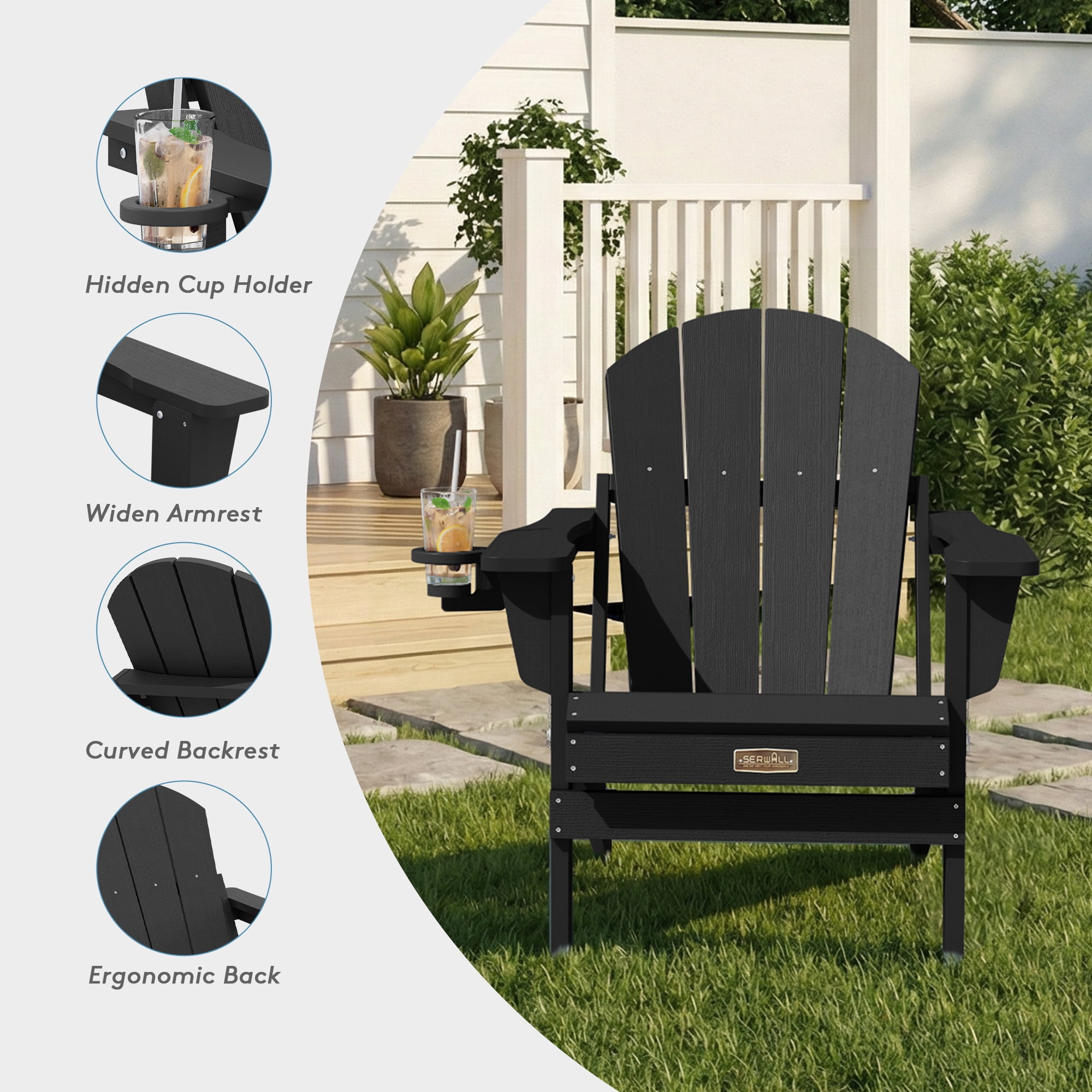 SERWALL Folding Adirondack Chair Set of 2 with Cup Holder, All Weather Outdoor Patio Adirondack Chairs, Durable HIPS Fire Pit Chairs for Deck, Garden, Black