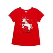 Holiday Time Girls Christmas Unicorn Short Sleeve T-Shirt, Sizes 4-18