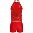 thumbnail image 2 of YEAHDOR Kids Girls Gymnastic Dance Outfit Halter Allover Sequins Tops with Gymnastics Workout Shorts Red 6, 2 of 7