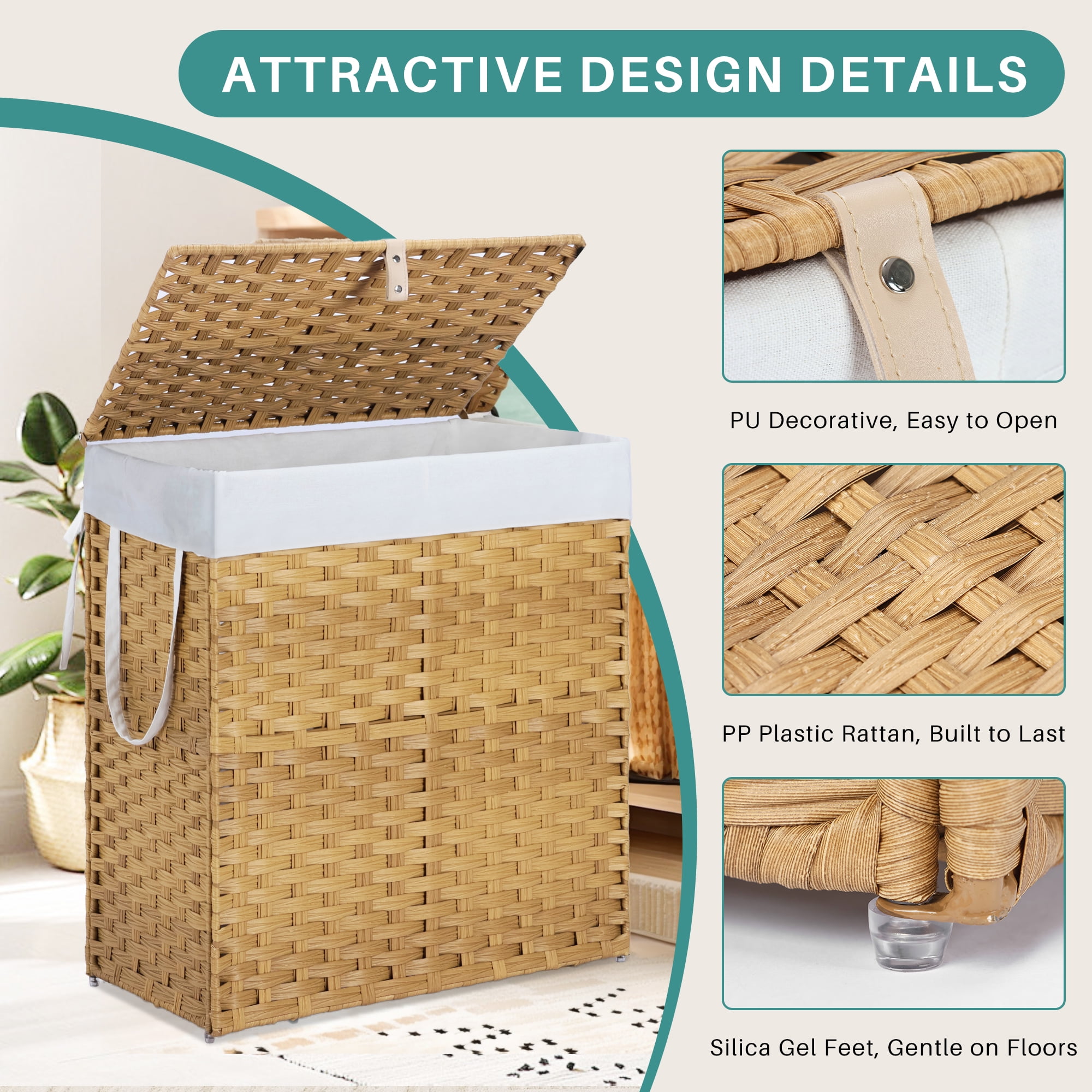 110L Foldable Laundry Hamper with Lid and Removable Liner, Wicker Basket for Bedroom & Bathroom, Yellow