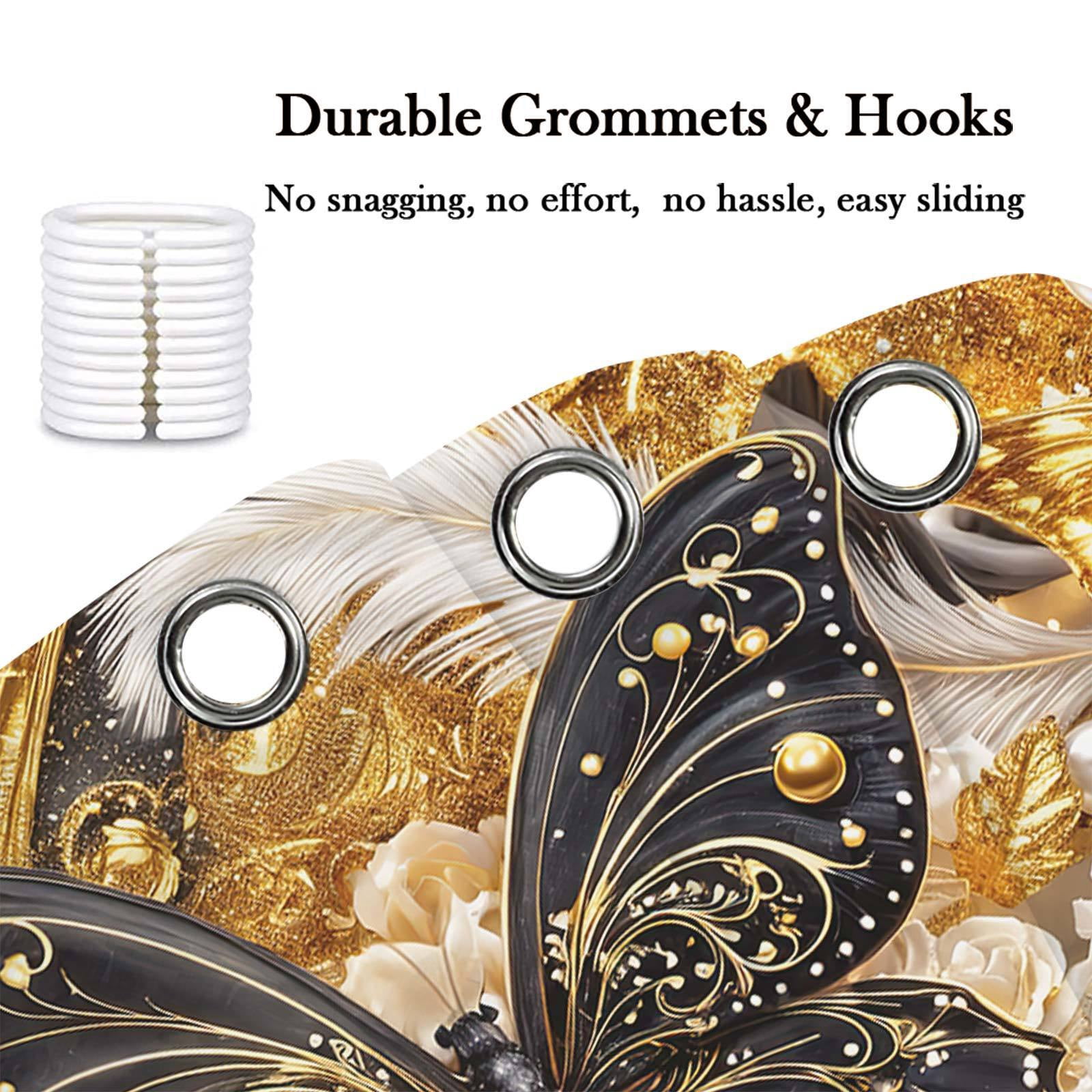 Luxury Black and Gold Butterfly Floral Shower Curtain, Elegant Marble Rose Modern Texture Shower Curtains for Bathroom Decor, Elegant Golden Fluid Aesthetic Bath Curtain Set with Hooks, 48X70IN