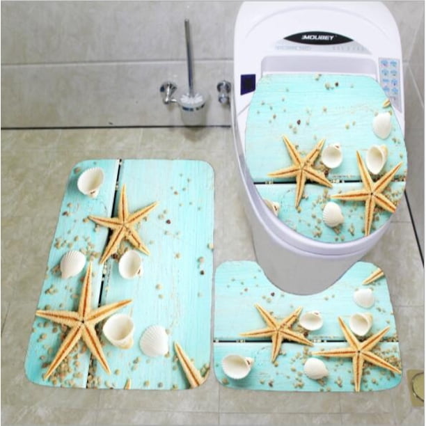 Juego de alfombras de baño de 3 piezas, alfombrilla de pedestal de ancla náutica, alfombrilla de baño antideslizante, tapa de inodoro, juego de alfombras de inodoro, estrella de mar 41 Sincero Hogar