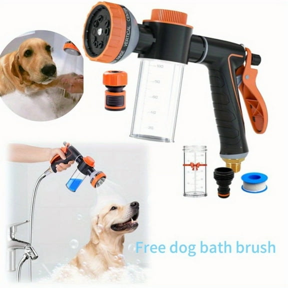 Heavy-Duty Dog Wash Sprayer Attachment with Soap Dispenser 2-in-1 Hose Nozzle, 10 Spray Patterns Quick-Connect for Garden Hoses Shower Systems Dogs Horses Cars Lawn