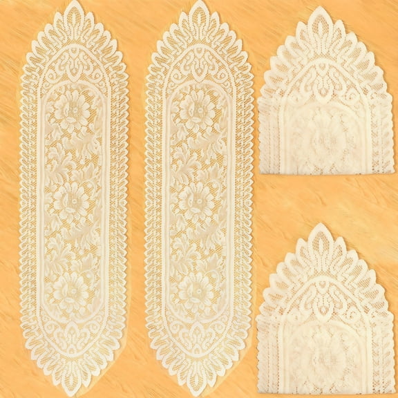 2 Pack Cotton Crochet Lace Table Runner, Rectangular Table Cover Cloth Handmade Crochet Floral Placemats (Beige, 13x45Inch)