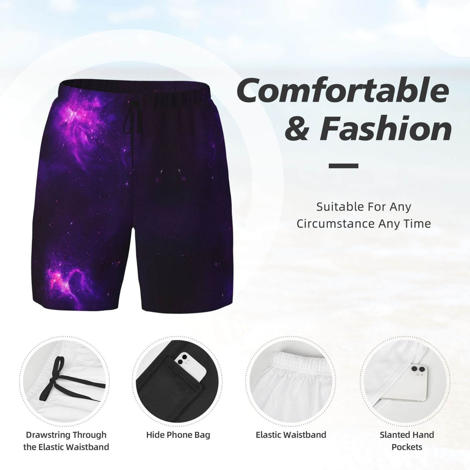 Men's Nebula Galaxy Purple Swim Trunks with Compression Liner Bathing Suit Swimwear
