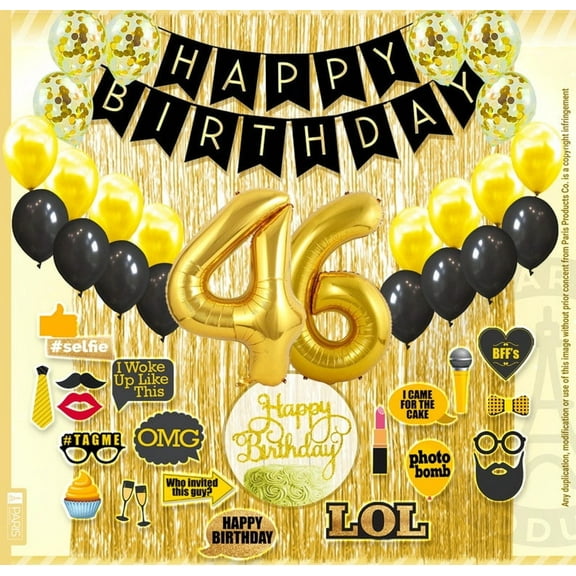46th Birthday Decoration Black and Gold for Boy & Girl, 46th Cake Topper, 46th Party Supplies for Her and Him, 46th Birthday Photo Props