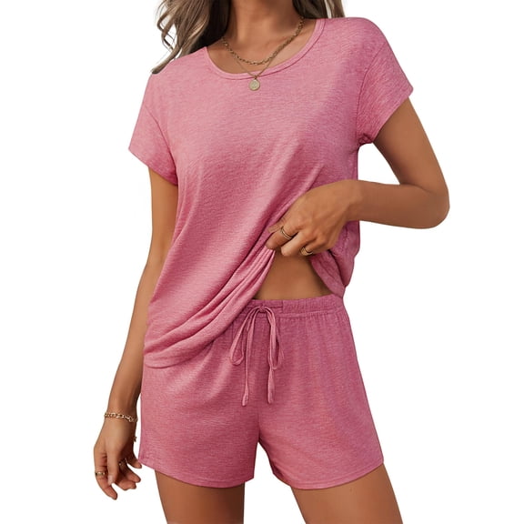 Ekouaer Women 2 Piece Pajamas Set Short Sleeve Comfy Lounge Set Round Neck Tops and Shorts Pjs with Pockets