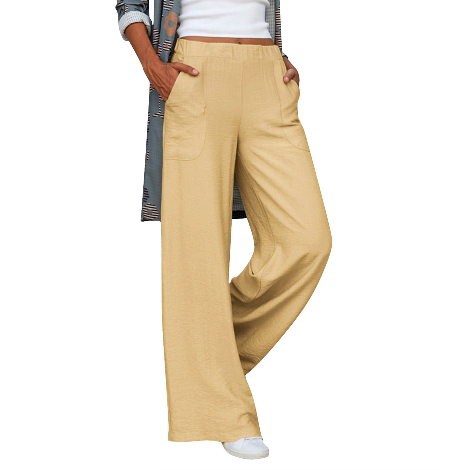 Womens Casual Solid High Waisted Loose Wide Leg Cozy Pants Comfy Straight  Leg Trousers Lounge Pants With Pockets 