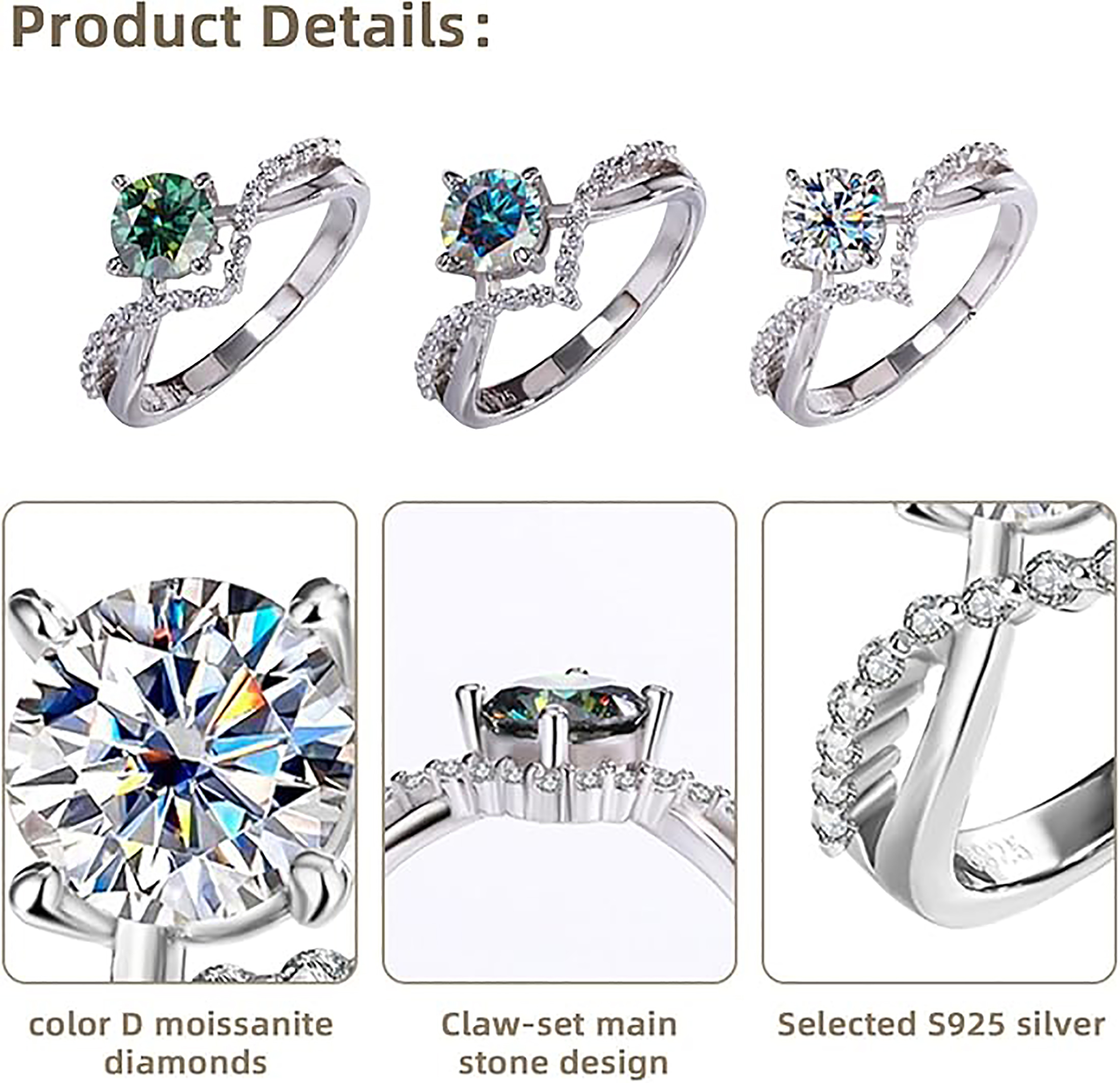 1ct Moissanite Crown Ring, Moment Wish Engagement Ring for Women, Moissanite Promise Ring, D Color VVS1 Simulated Diamond 925 Sterling Silver Accent Ring