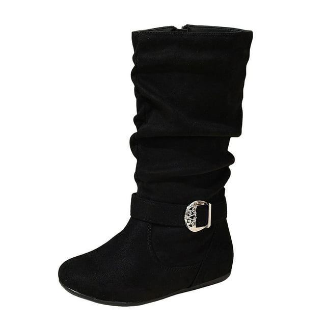 Leozcaa Girl's Kid's Suede Buckle Zipper Mid Calf Slip On Flat Booties 率louchy Fall Winter Booties