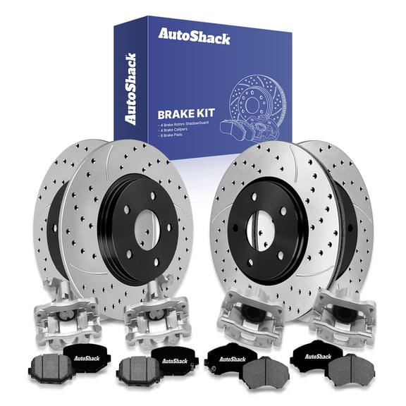 AutoShack Front Vented & Rear Solid Drilled & Slotted E-Coated Brake Rotors   Premium Ceramic Pads   Calipers 16-PC Brake Kit Replacement for 2013-2016 Dodge Grand Caravan ShadowGuard