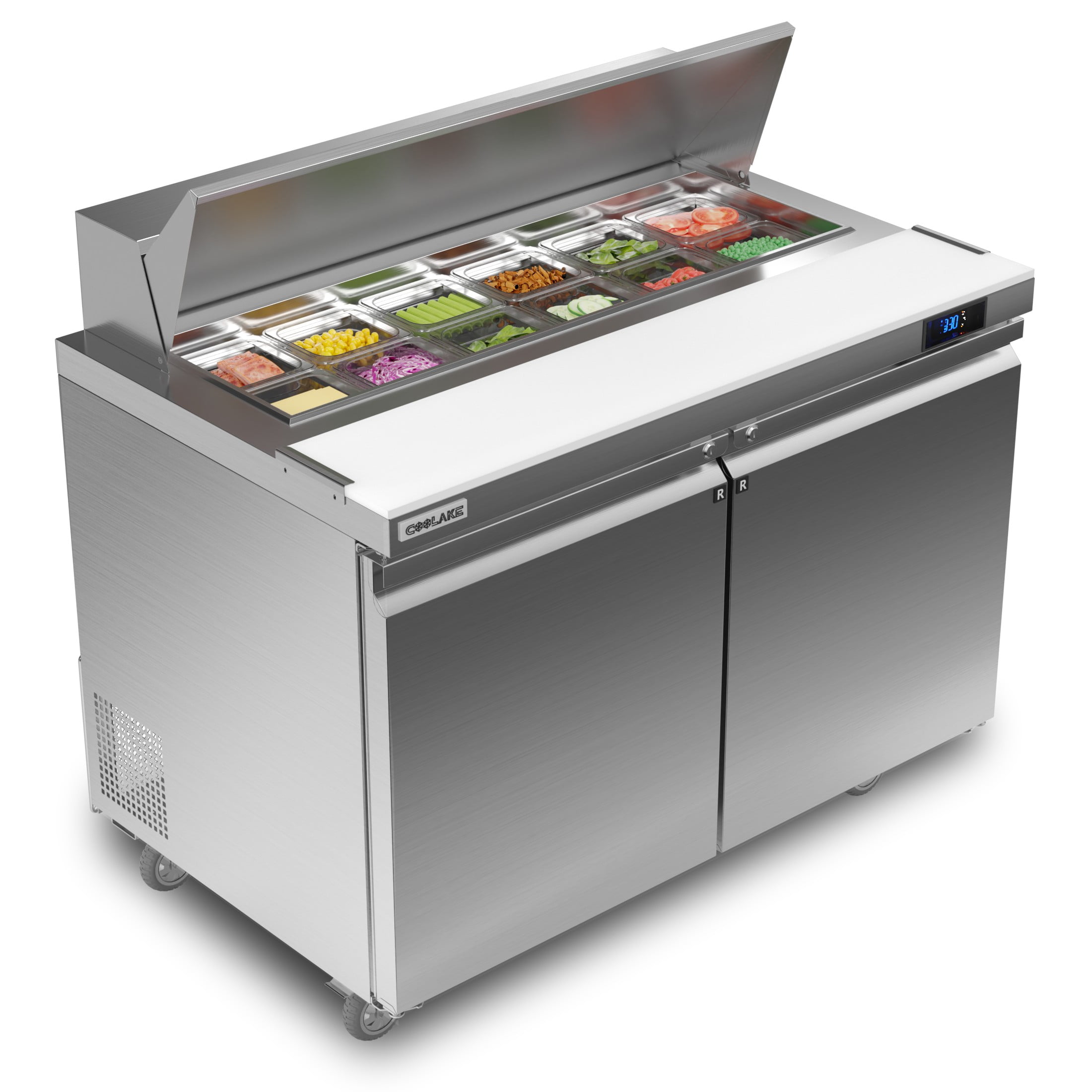 Coolake 48''W Commercial Salad Sandwich Prep Table Refrigerator, 2 Door Stainless Steel  13.5 Cu.ft Counter Fan Cooling Refrigerator