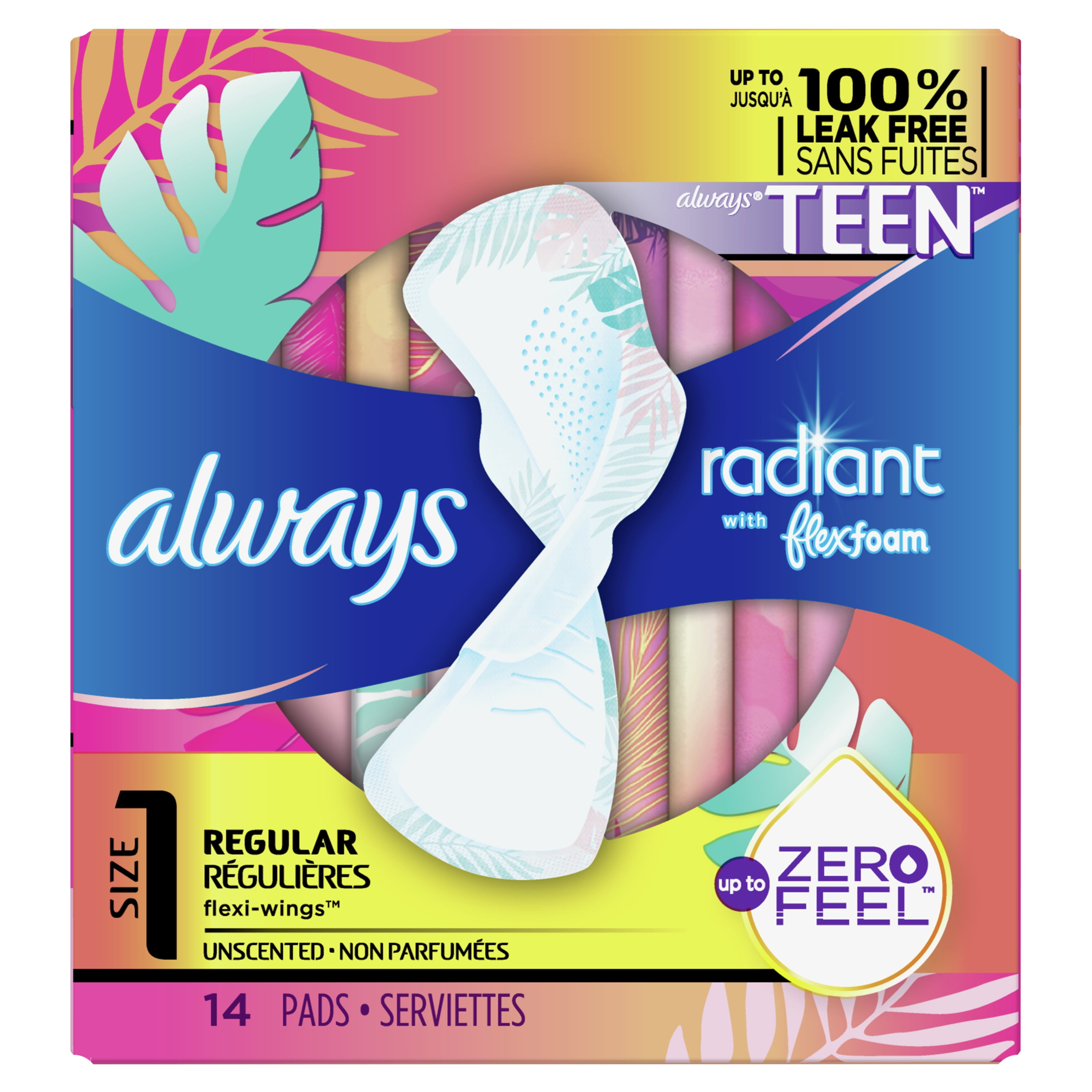 Always Radiant Teen Feminine Pads with FlexFoam, Size 1, Regular, with  wings, Unscented, 14 CT
