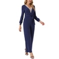 thumbnail image 4 of INSPIRAR CHIC Mono de Manga Larga con Cuello en V para Mujeres con Cinturón, Ajustado, Pierna Ancha, Pantalón Enterizo con Bolsillos XL Azul Marino, 4 of 5