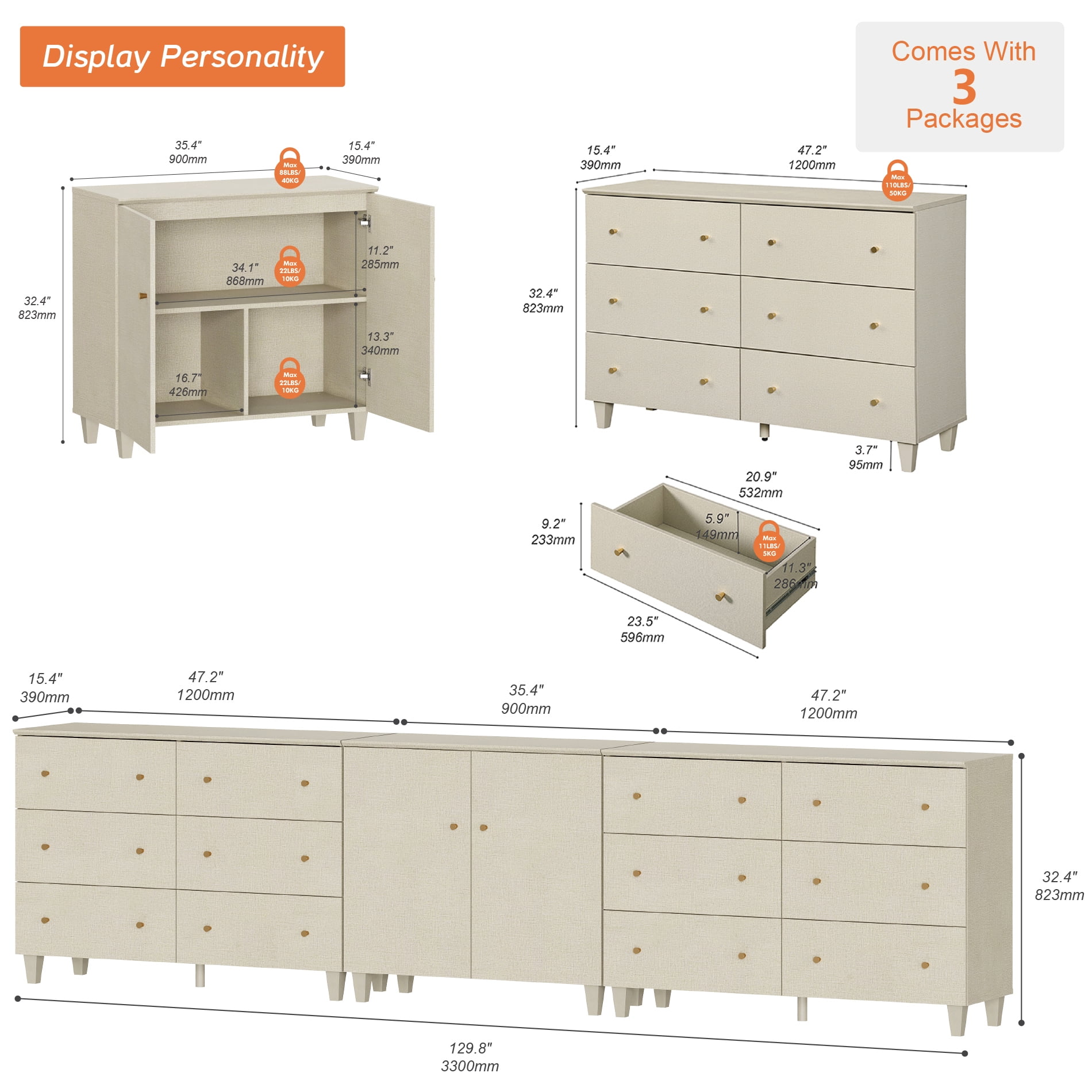 WAMPAT Wood Dresser with 12 Drawers and 1 Cabinet for Bedroom, Modern Chest of Drawer, 130" Wide, Beige Linen Printed Finish
