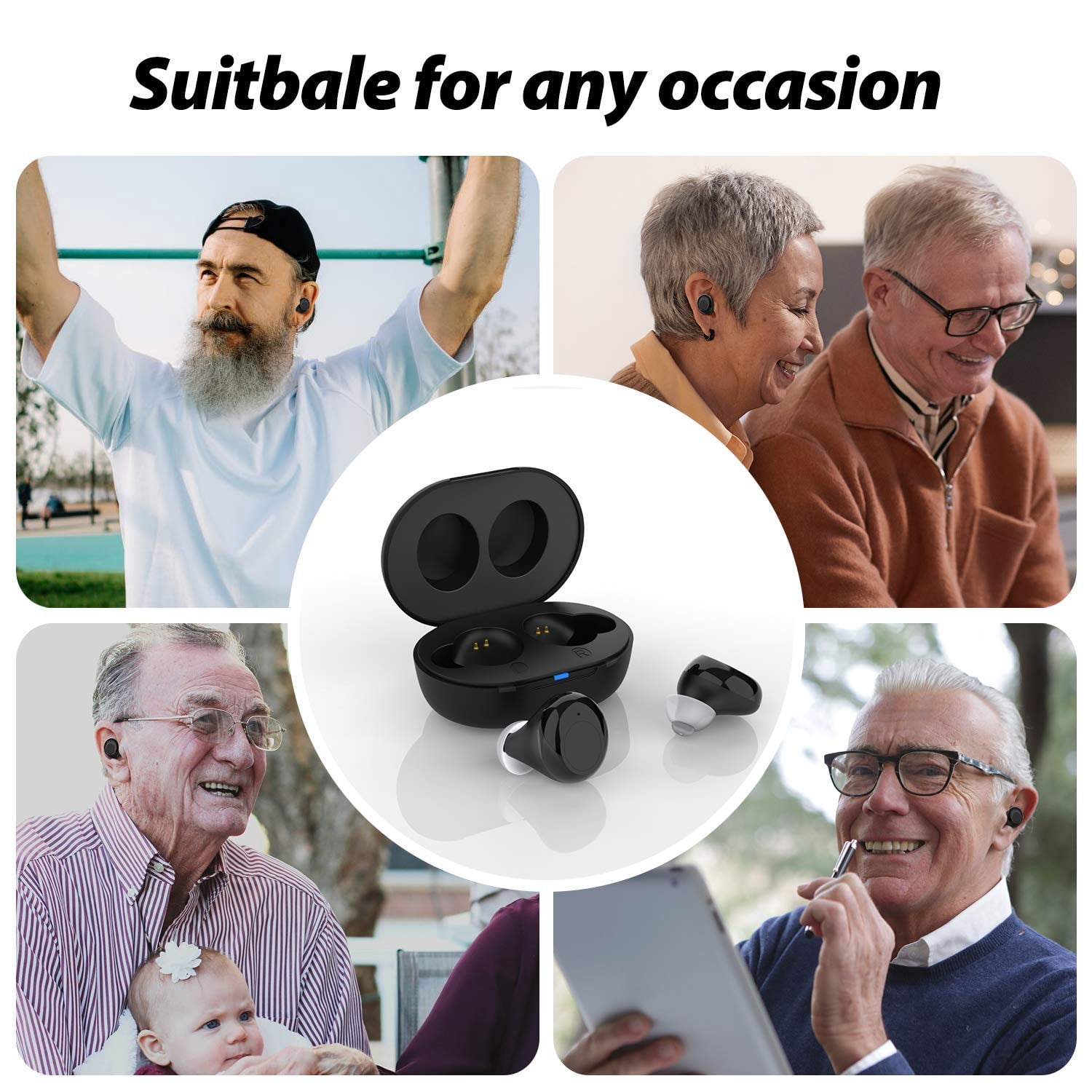 Jinghao JH-A39 Rechargeable Personal Sound Amplifier Product for Ears Seniors Adults with Portable Charging Box Black