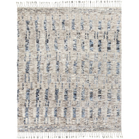 Hauteloom Strauss Wool Living Room, Bedroom Area Rug - Abstract Distressed Striped - Bohemian Transitional Moroccan - High Pile - Gray, Blue, Beige - 2' x 3'