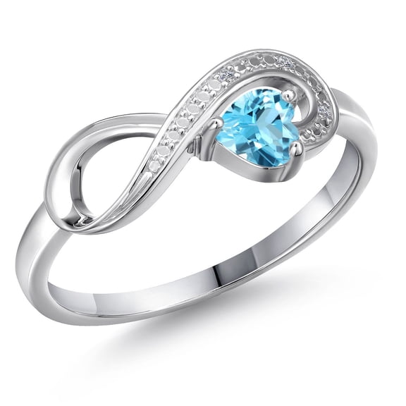 Gem Stone King 10K White Gold Swiss Blue Topaz and White Diamond Accent Infinity Ring for Women (0.34 Cttw, Heart Shape 4MM, Gemstone November Birthstone, Size 5)