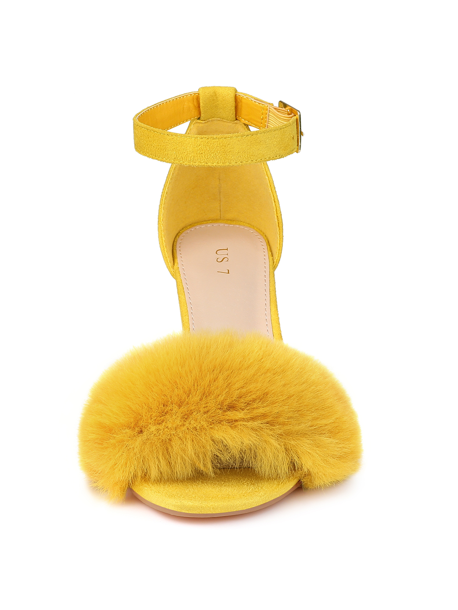 DARING DIVA Women's Ankle Strap Faux Fur Block Heels Beige Sandals for Wear Yellow 9