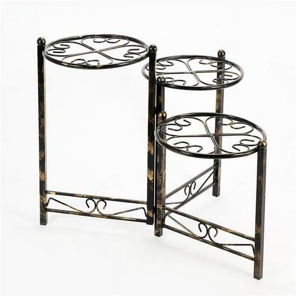 Benjara BM216727 3 Tier Heart Clover Design Round Top Metal Plant Stand, Black
