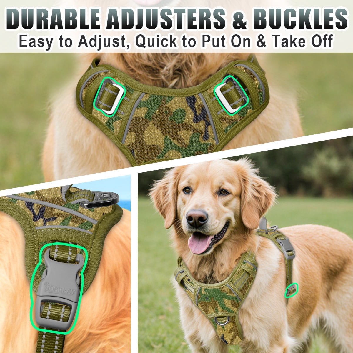 BARKBAY No Pull Dog Harness Large Reflective Dog Harness with Front Clip and Easy Control Handle for Walking Training Running with ID tag Pocket(Camo,XL)