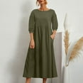 thumbnail image 2 of Cotton Linen Midi Dress for Women Boat Neck Mid Sleeve Lounge Dress with Pockets Loose-Fit Solid Color Mid Length Dress, 2 of 8