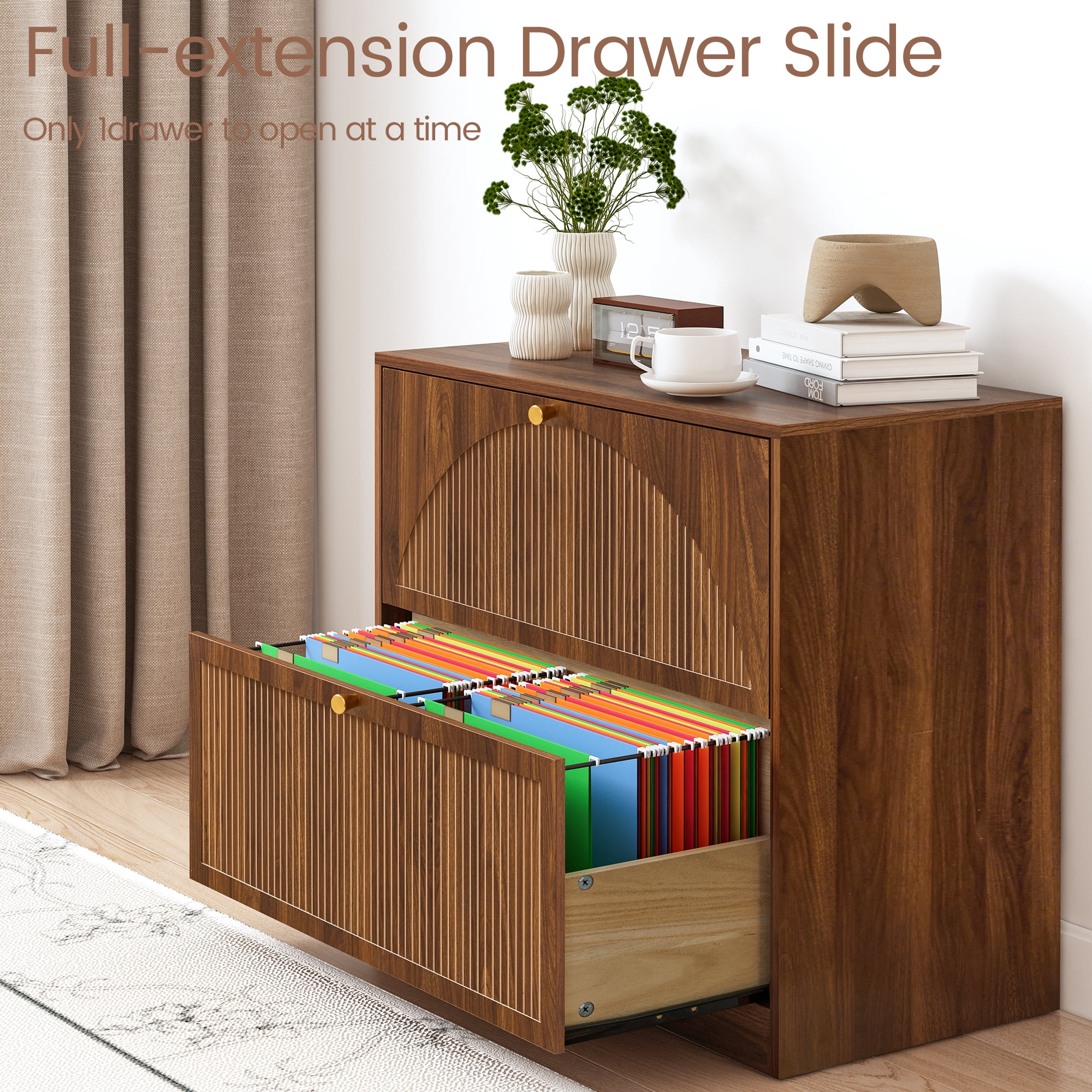Walnut 2-Drawer Wood File Cabinet, Vertical Filing Cabinet for Letter/A4-Sized Files, Modern Fluted Design Storage Organizer, Easy to Assemble for Home Office