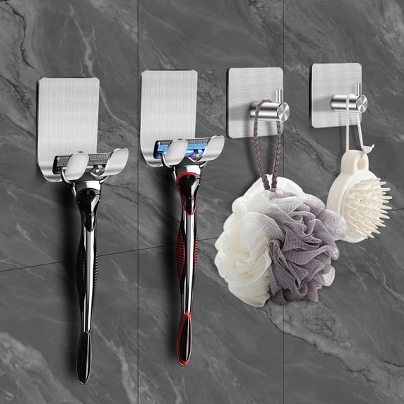 4 Packs Shower Hooks, Self Adhesive Shaver Holder Hanger Hook, Wall Hooks for Razor Loofah Sponge