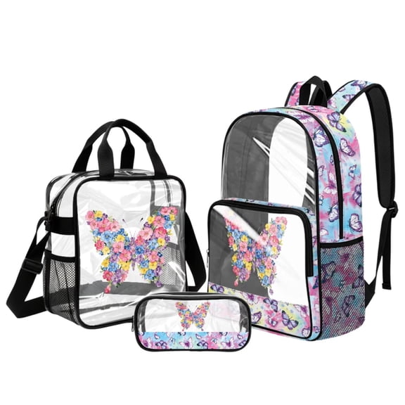 DISNIMO Cute Clear Backpack for School Kids, Butterfly Floral Print 3Pcs Stadium Approved 17 Inch PVC Transparent Bookbag Set with Lunch Box & Pencil Case for Kids Girls