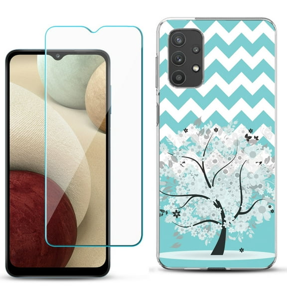 Slim-Fit TPU Phone Case compatible with Samsung Galaxy A32 5G, with Tempered Glass Screen Protector, by OneToughShield ® - Chevron/Teal/Tree