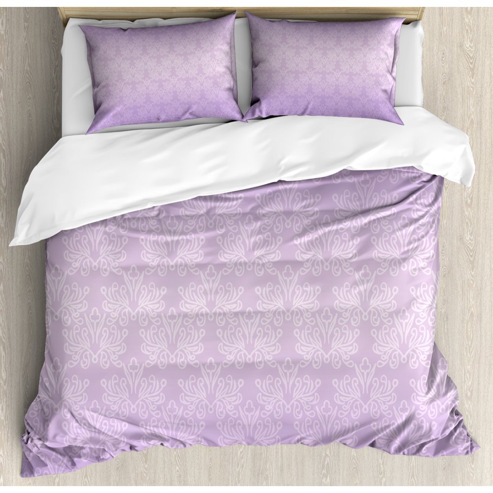 Lilac King Size Duvet Cover Set, Monochromatic Pattern with Baroque