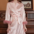 thumbnail image 3 of Women Nightgown Faux Fur Trim Adjustable Waist Tie Satin V Neck Imitation Silk Solid Color Sleepwear Parties Weddings Bride Bridesmaid Morning Robe, 3 of 8