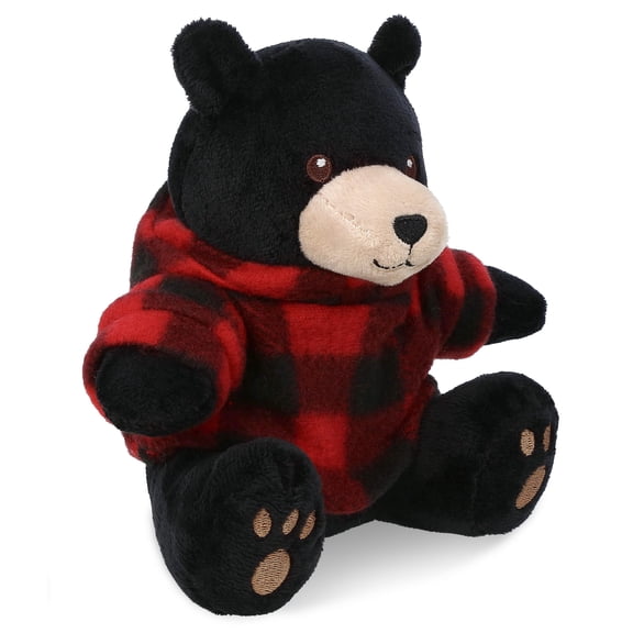 DolliBu Super Soft Black Bear with Clothes Stuffed Animal and Plaid Red Hoodie Sweater - Cute Bear Plush Lumberjack Stuffed Toy with Plaid Jacket Dress Up for Christmas, Holiday, Winter - 6 Inches