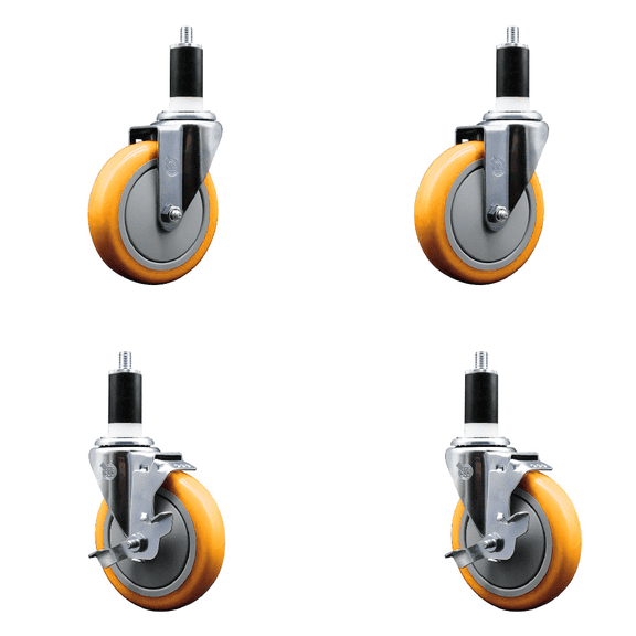 5 Inch 316SS Yellow Poly Swivel 1-3/8 Inch Expanding Stem Caster Set 2 Brake SCC