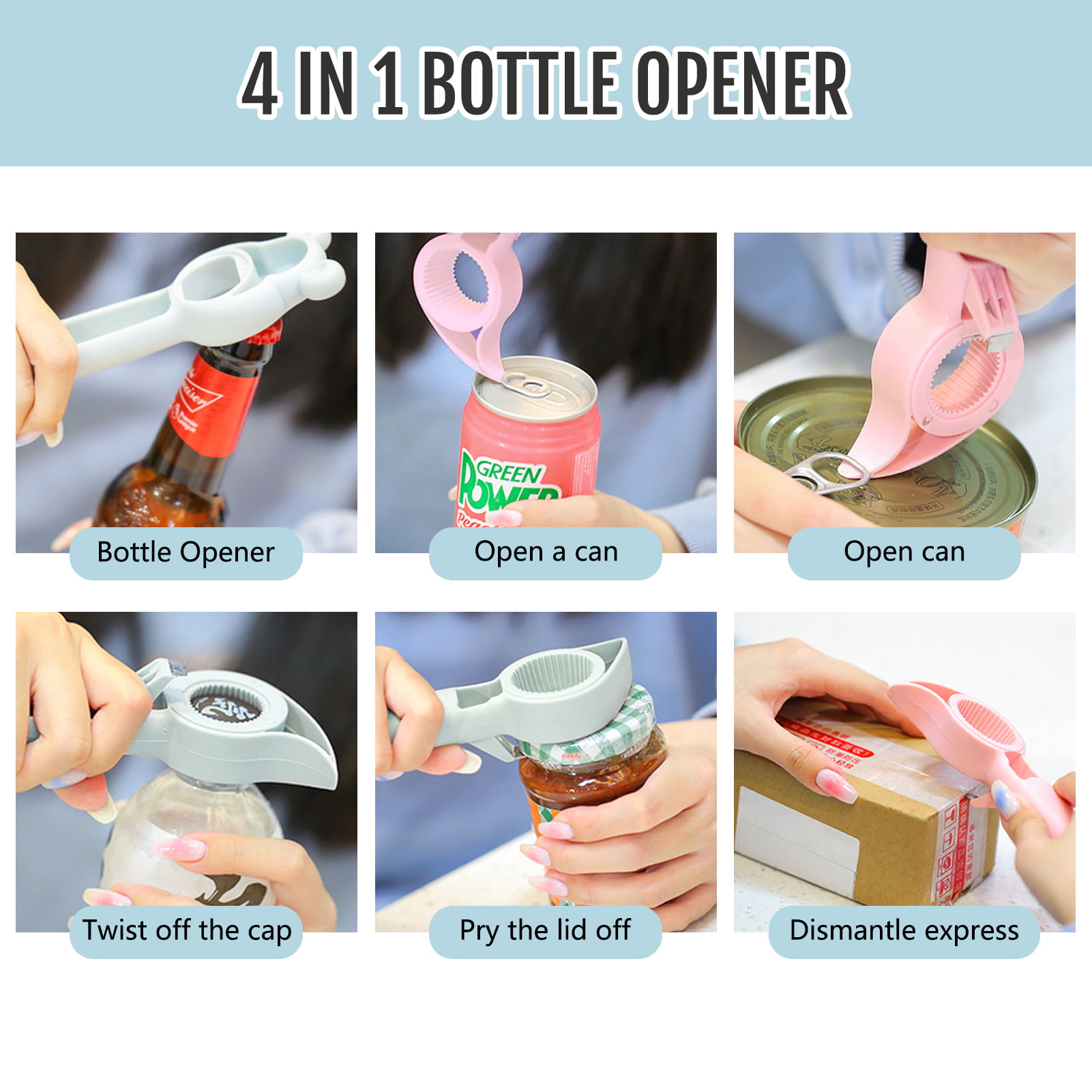 Jar Opener, 4 in 1 Multi Function Can Opener for Beer, Can, Soda Water, Jam  Jar Lips Cap, Bottle Opener Kit Easy to Use for Weak Hands，Children