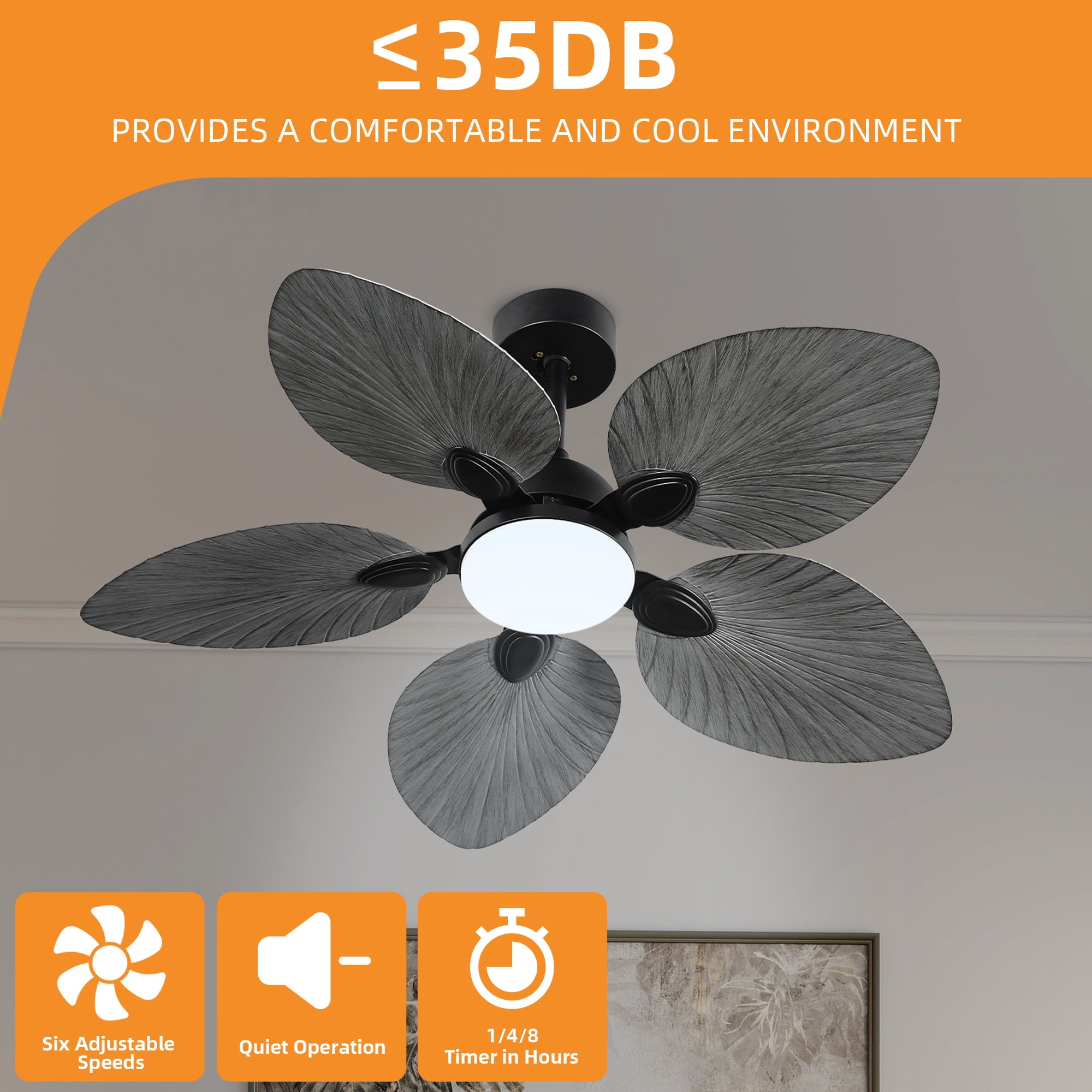 Craftian 42" Tropical Smart Ceiling Fan with LED Light & Remote, Alexa & Google Compatible, Quiet Reversible DC Motor, 5 Palm Leaf Blades - Gray