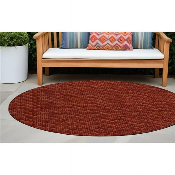HomeRoots 560069 8 ft. Round Burgundy Round Geometric Washable Non Skid Indoor Outdoor Machine Woven Area Rug