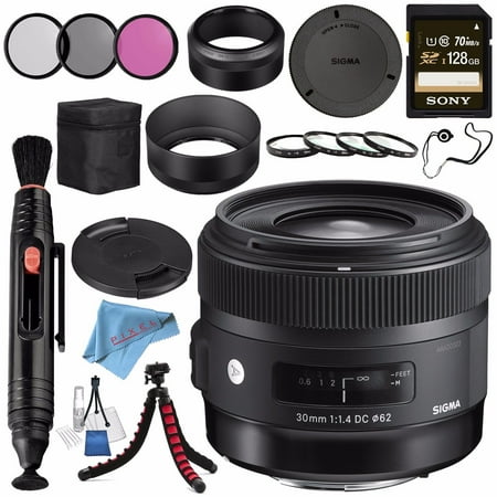 Sigma 30mm f/1.4 DC HSM Art Lens for Canon + 62mm 3 Piece Filter Kit + Sony 128GB SDXC Card + Lens Pen Cleaner + Fibercloth + Lens Capkeeper + Deluxe Cleaning Kit + Flexible Tripod