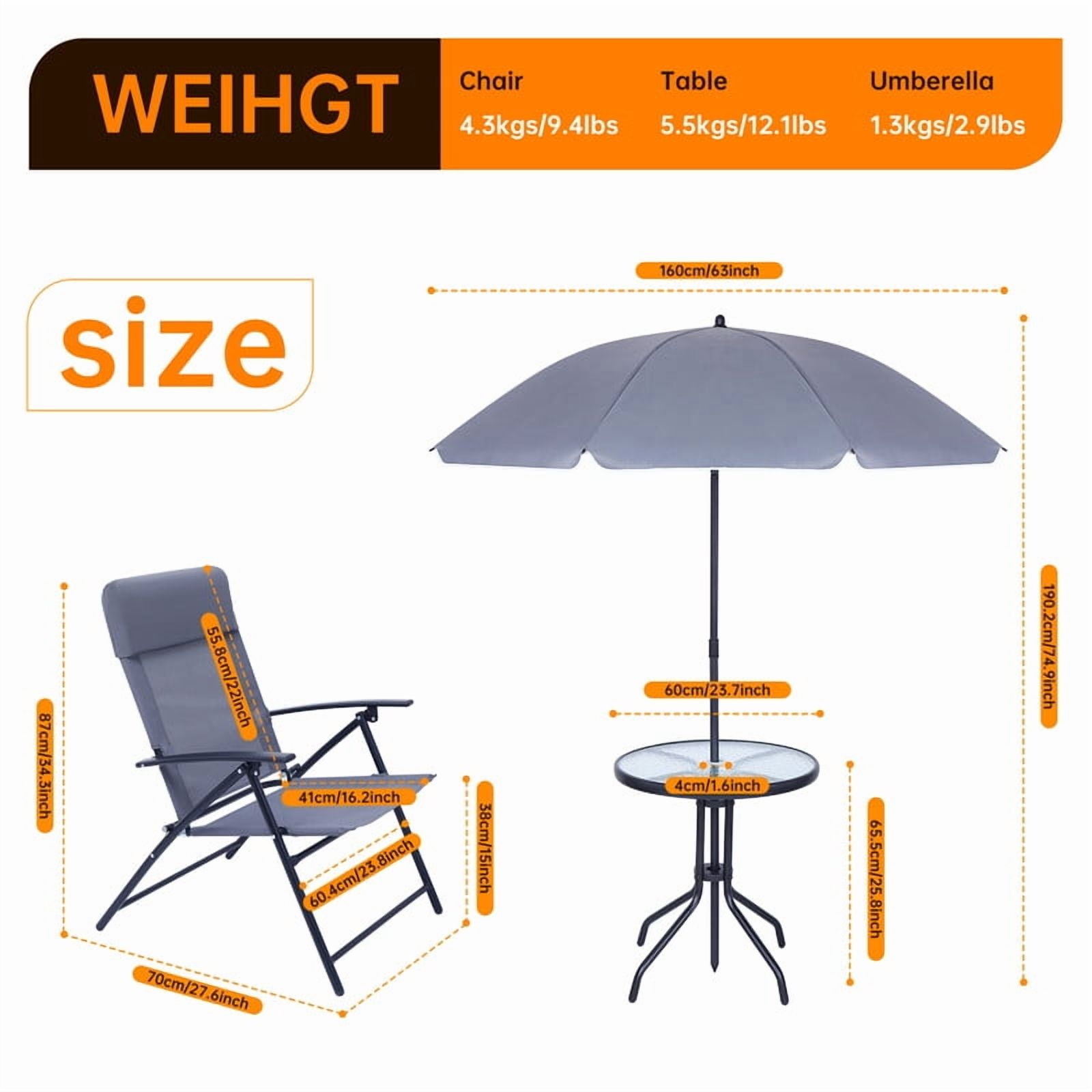 Outdoor Dinning Set, Patio Furniture Set, Patio Set with 2 Folding Chairs, 1 Glass Table & 1 Umbrella