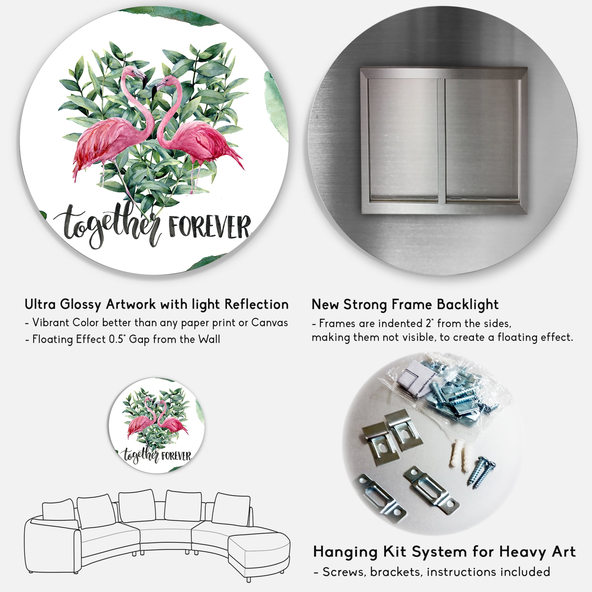 Designart 'Eucalyptus Leaves With Flamingo Floral Heart' Traditional Circle Metal Wall Art 11x11 - Disc of 11