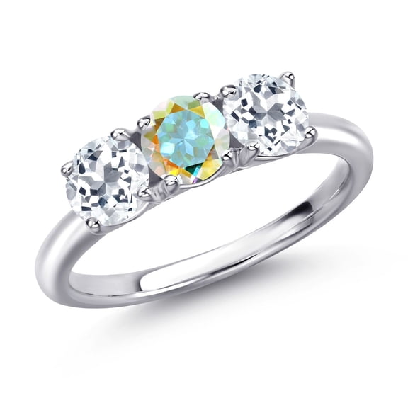 Gem Stone King 925 Sterling Silver Mercury Mist Mystic Topaz and White Topaz Engagement Ring for Women | 1.75 Cttw | Round 5MM | Gemstone November Birthstone | Size 8