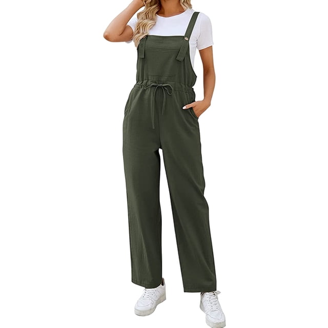 HBFAGFB Jumpsuits for Women Sleeveless Button Down Casual Pants Rompers with Pockets Green Size L