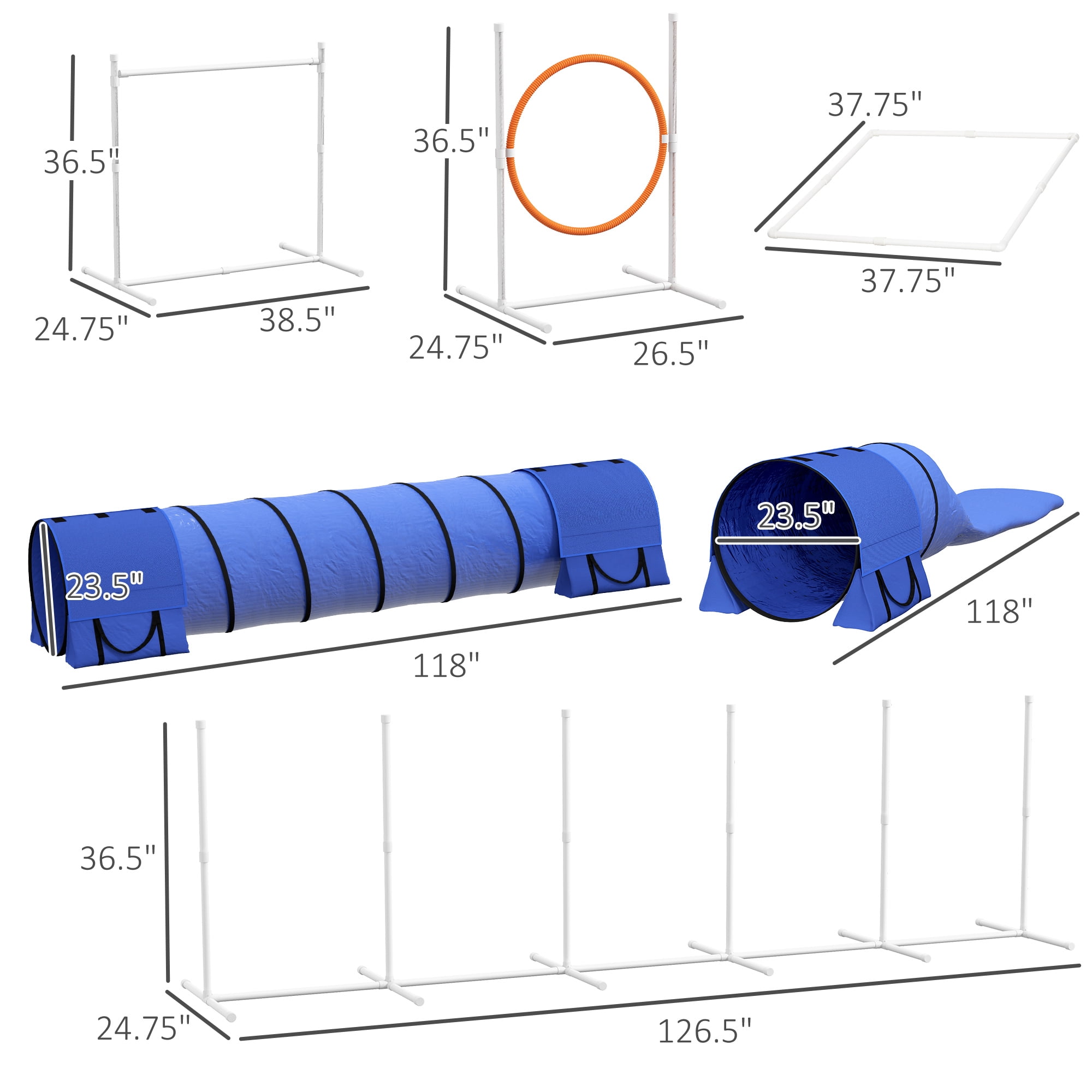 7 Piece Dog Agility Training Equipment, Dog Obstacle Course Starter Kit with Tunnels, Weave Poles, Adjustable Hurdles, Jumping Ring, Pause Box, Whistle, Blue
