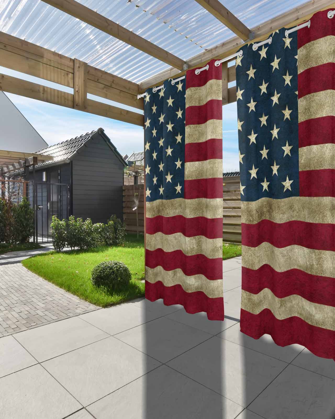 Vintage Red American Flag Outdoor Curtains for Patio, US Flag Stripe Retro Starts Privacy Drapes Grommet Waterproof Outside Curtains for Porch/Cabana/Balcony 54"x 108", 2 Panel